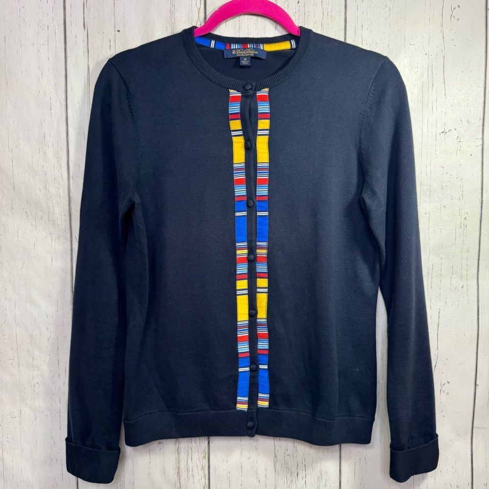 Brooks Brothers Supima Cotton Sweater Navy Stripe Trim Preppy Classic Workwear